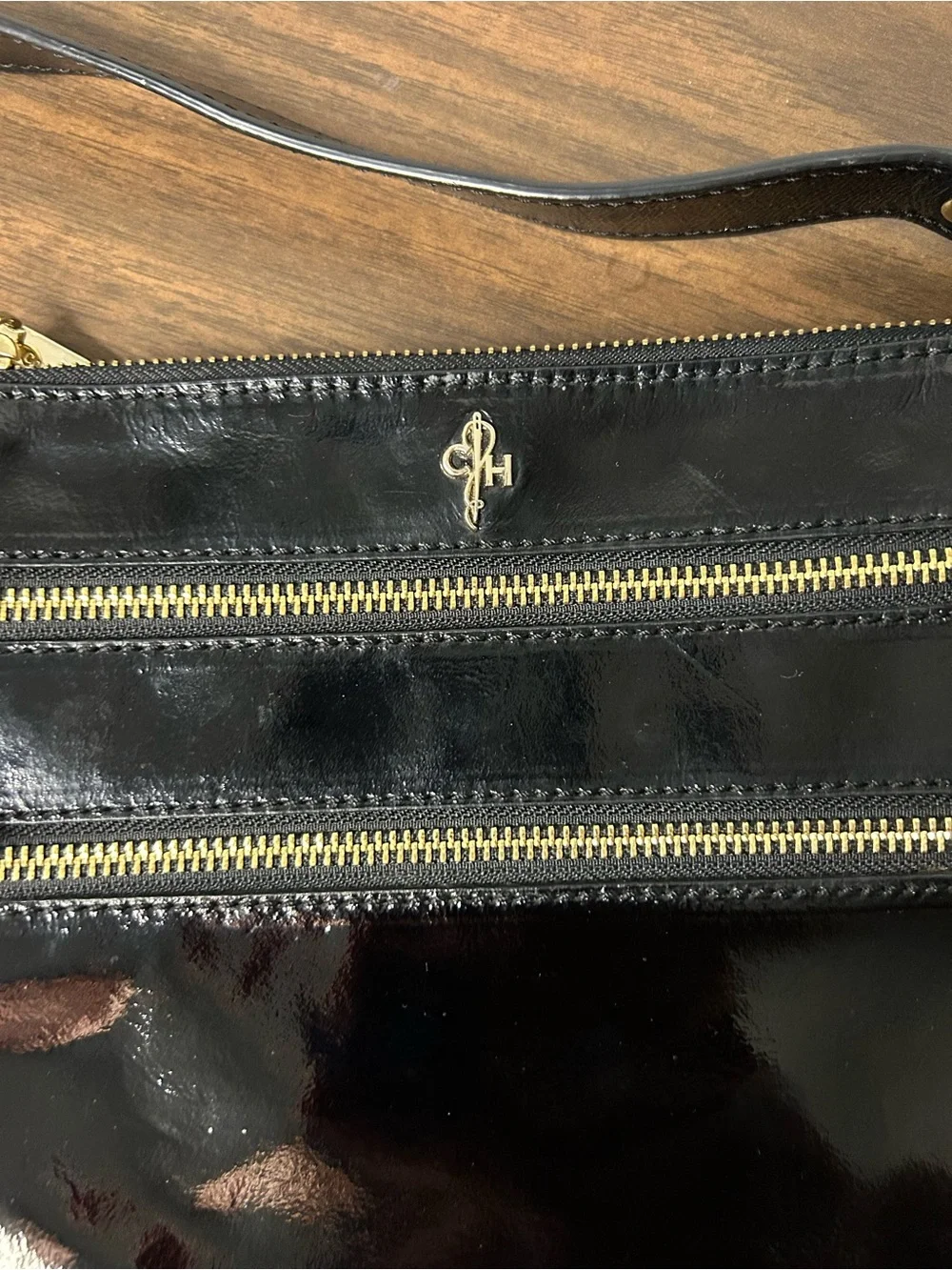 Cole Haan Black Patent Leather Pink Interior Double Zip Crossbody Bag